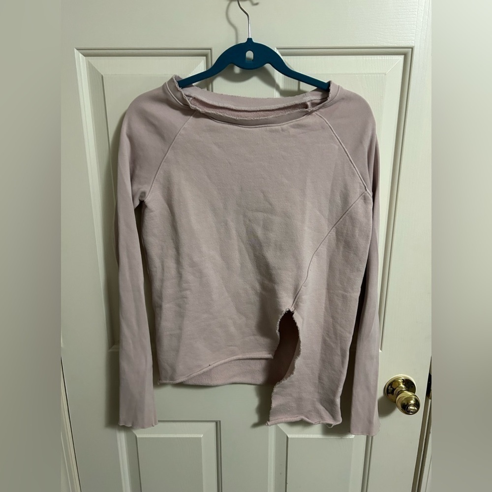Frank & Eileen Pink Crewneck Asymmetrical Sweatshirt Top Distressed Hem Small